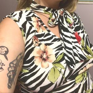 Vintage zebra print and floral neck tie shirt